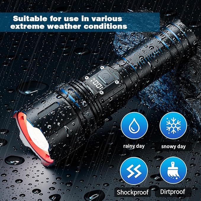 Flashlights High Lumens Rechargeable,Super Bright Tactical Flashlight with LCD Digital Display, 4 Modes Zoom Waterproof Powerful High Powered LED Flashlight for Emergencies Power Outage, Camping