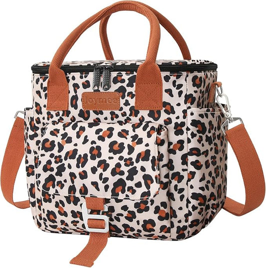 Joymee Insulated Lunch Bag for Women/Men, Waterproof Lunch Box for Office Work Picnic Beach, Reusable Large Leakproof Cooler Tote Bag with Adjustable Shoulder Strap & Side Pocket, Leopard Print
