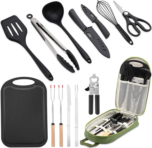 Camping Essentials Cookware Cooking Utensils Set - Camping Kitchen Utensils, Portable Outdoor Accessories, Stainless Steel & Silicone, Camping Gear Equipment for RV Picnic Grill