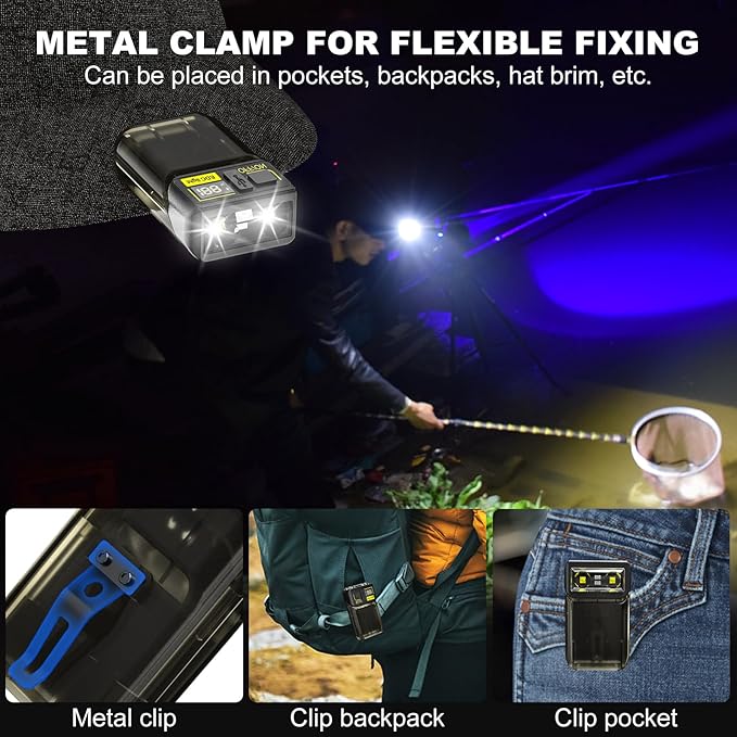 Mini Flashlight with Clip, Digital Power Display Rechargeable Cap Lights Clip On Hat, 180 Degree Twist Small Flash Light, LED Magnetic Flat EDC Pocket Light for Running, Camping, Cycling