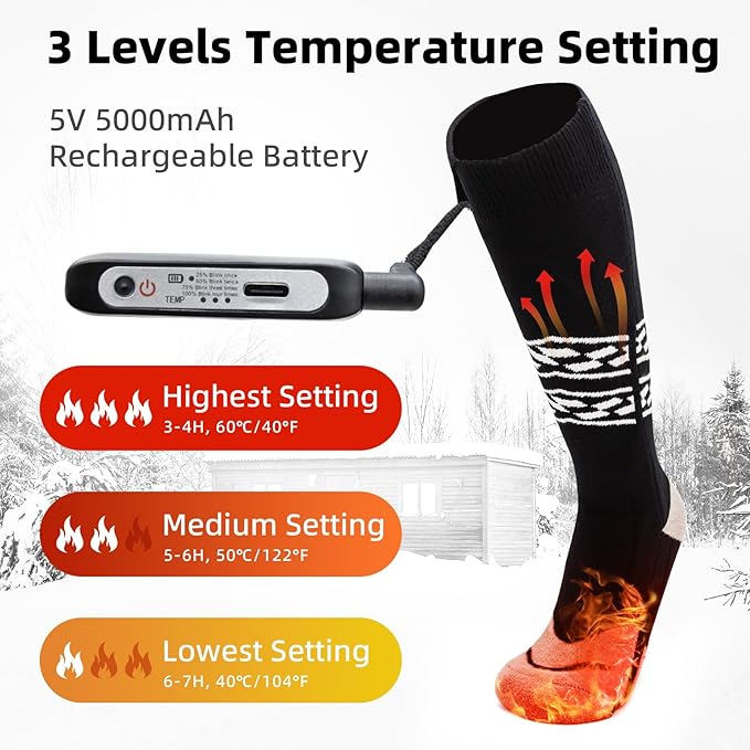 Heated Socks for Men Women, Rechargeable 5000mAh Battery Electric Heated Socks Washable Winter Socks for Foot Warmer Skiing Camping Hiking