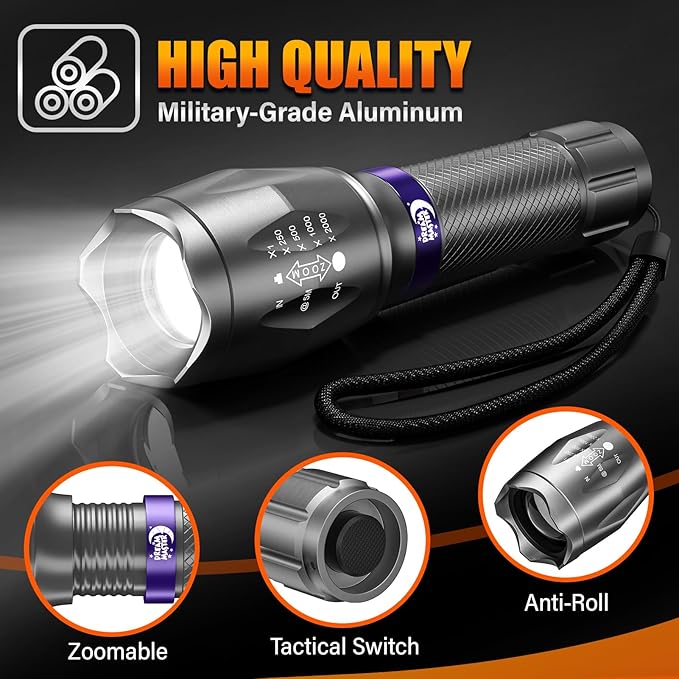 2 Pack LED Flashlights High Lumens with 6 AAA Batteries, 5 Modes Mini Waterproof Tactical Flashlight for Camping Hiking, Bright Flashlight with Zoomable, Fathers Day Dad Gifts for Him, Grey & Purple