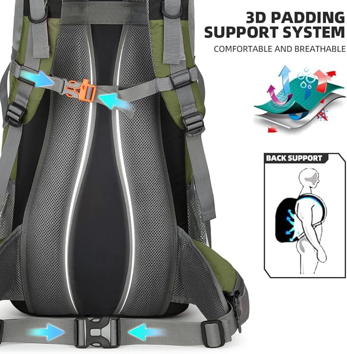 King'sGuard 70L Hiking Backpack Large Lightweight Waterproof Camping Backpack Travel Backpacking Backpack Daypack with Rain Cover -Frameless (Army Green)