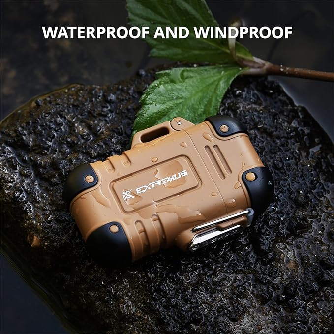 Extremus Blaze 360 Rechargeable Electric Lighters, Dual Arc Lighter, Windproof Plasma Lighter, Waterproof Flashlight Lighter, Flameless Lighter with Whistle Lanyard for Camping (Brown)