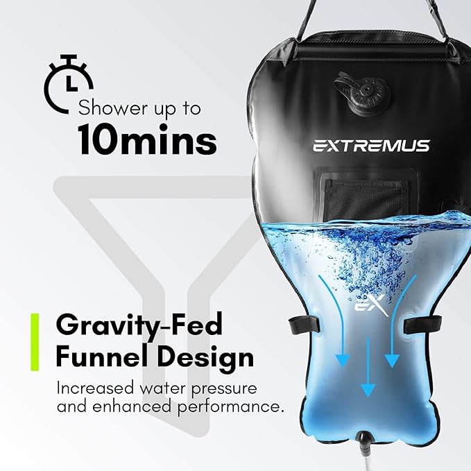 Extremus Camping Shower Bag, Camp Shower Bag, Durable, Leak-Proof Design with Thermometer, Removable Hose, and On-Off Switchable Shower Head, Portable Solar Shower for Camping