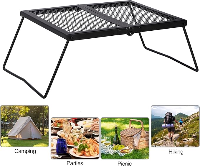REDCAMP Folding Campfire Grill Heavy Duty Steel Grate, Portable Camp Fire Cooking Rack Over Fire Pit with Carrying Bag for Outdoor BBQ Camping