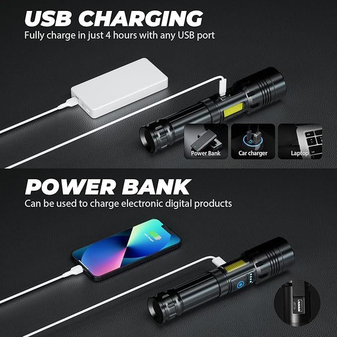 Rechargeable Led Flashlights High Lumens: 990,000 Lumen Super Bright Flashlight, 7 Modes with COB Work Light, IPX6 Waterproof, Powerful Handheld Flash Light for Home, Camping, Hiking