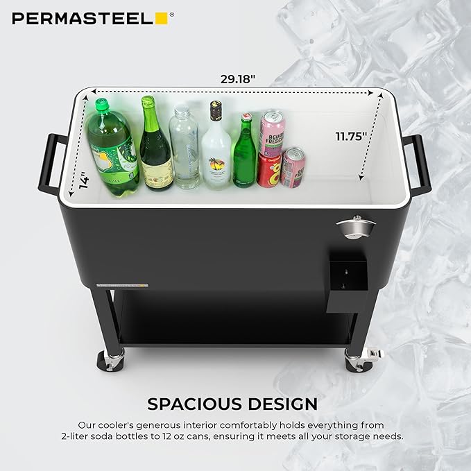 Permasteel 80-Qt Large Outdoor Patio Cooler with Wheels & Handles, Portable Rolling Ice Cooler Cart with Detachable Basin, Stand & Bottom Storage Shelf for Outdoor Entertaining, Black