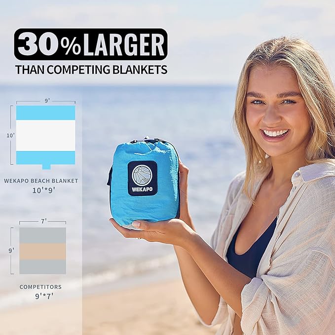 WEKAPO Beach Blanket Sandproof, Extra Large Beach Mat, Big & Compact Sand Free Mat Quick Drying, Lightweight & Durable with 6 Stakes & 4 Corner Pockets