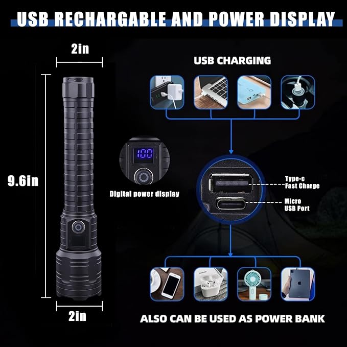 Flashlights High Lumens 12000Lumen Flashlight 5 Modes Power Display IP44 Waterproof, Zoomable High Power Flashlight for Camping Hiking Gift, Flashlights for Emergencies(9.6 * 2)(Battery Free)