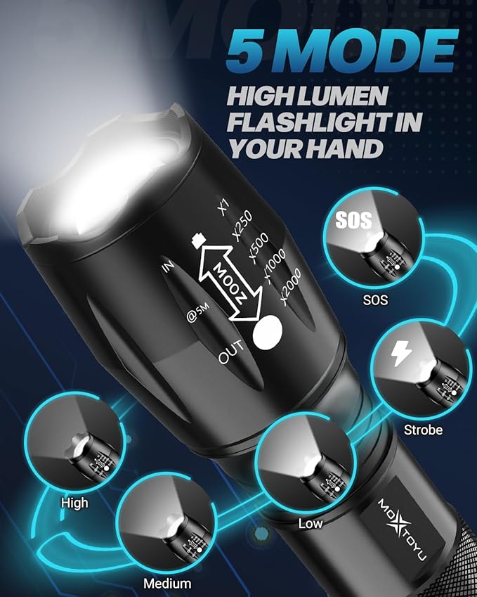 Flashlight 4 Pack, 5 Modes 2000 Lumen Tactical LED Flash Light, High Lumens Bright Waterproof Flashlights, Zoomable Flash Lights for Camping, Emergencies, Outdoor, Home, Gift for Men Adult