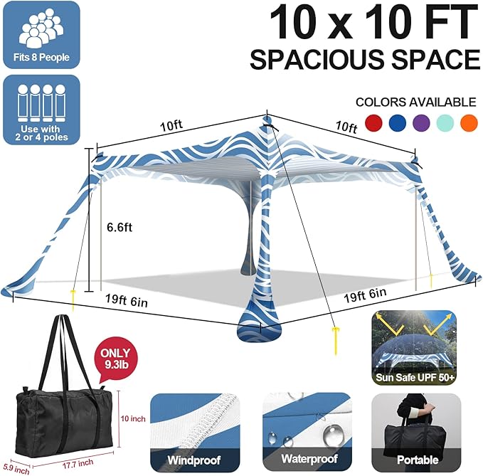 Buheco Beach Tent Pop Up Shade 10x10ft Beach Canopy Sun Shelter UPF50+ with 4 Foldable Poles-Portable Carrying Bag-Sand Shovel-Ground Pegs-Windproof Ropes for Outdoor Family Camping-Fishing- Picnic