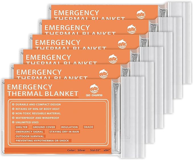 Emergency Mylar Thermal Blankets -Space Blanket Survival kit Camping Blanket (Pack of 6). Perfect for Outdoors, Hiking, Survival, Bug Out Bag ,Marathons or First Aid