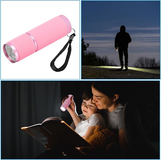 PATIKIL 9 LED Glow in Dark Flashlights, 2 Pcs Mini Aluminum Flashlight Rubber Coated Flashlight with Strap for Camping, Hiking, Party, Pink