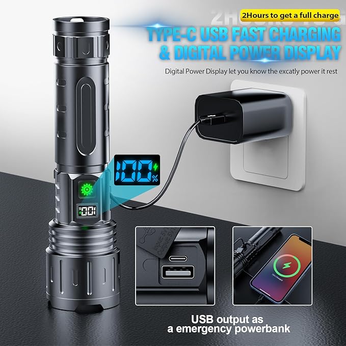Flashlights 20000 High Lumens Rechargeable - 20H Runtime 1500 Meters Long Beam Super Bright LED Flash Light with Power Display & IPX5 Waterproof for Camping, 5 Modes, Zoomable Handheld Flashlight,2pcs