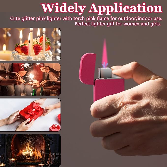 2 Pack Pink Flame Torch Lighter,Cute Glitter Pink Lighter,Refillable Butane Lighter, Windproof Lighter for Outdoor Camping BBQ Candle,Nice Gift for Girls,Women on Birthday,Mother's Day Without Butane