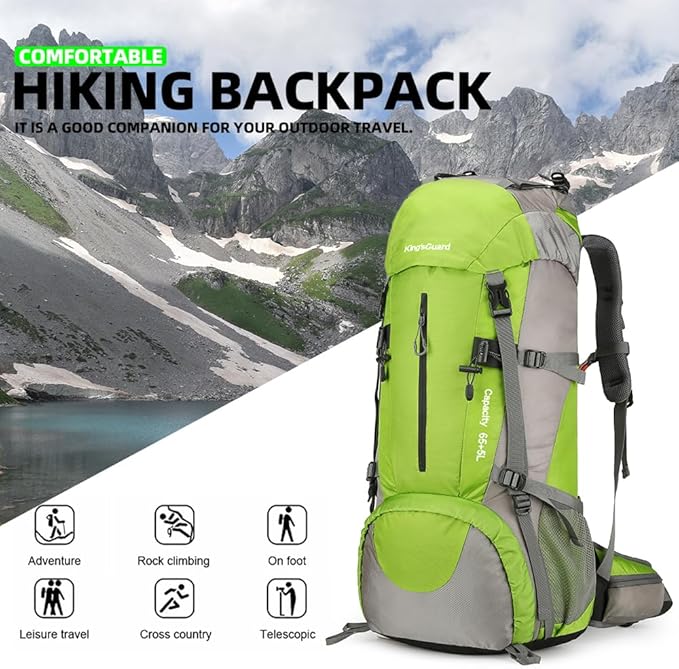 70L Camping Hiking Backpack with Rain Cover Waterproof Backpacking Backpack for Hiking Treeking Climbing Outdoor (Green)