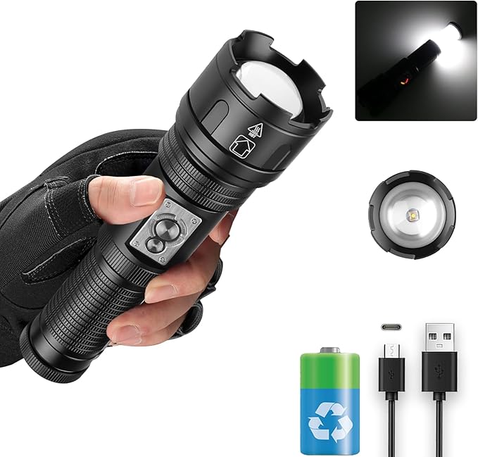 Multifunctional Rechargeable Flashlights High Lumens, 2-in-1 Super Bright Flashlight & Camping Lights, Waterproof Tactical Flashlights with Zoomable, 4+6 Modes for Camping, Hiking, Emergencies