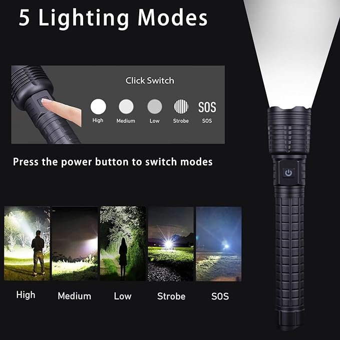 Rechargeable LED Flashlights 10000 High Lumens Flashlight Zoomable Tactical Flashlight 5 Modes Super Bright Waterproof Flashlights for Camping Hiking Emergencies 9.25 * 1.85in(Battery Free)
