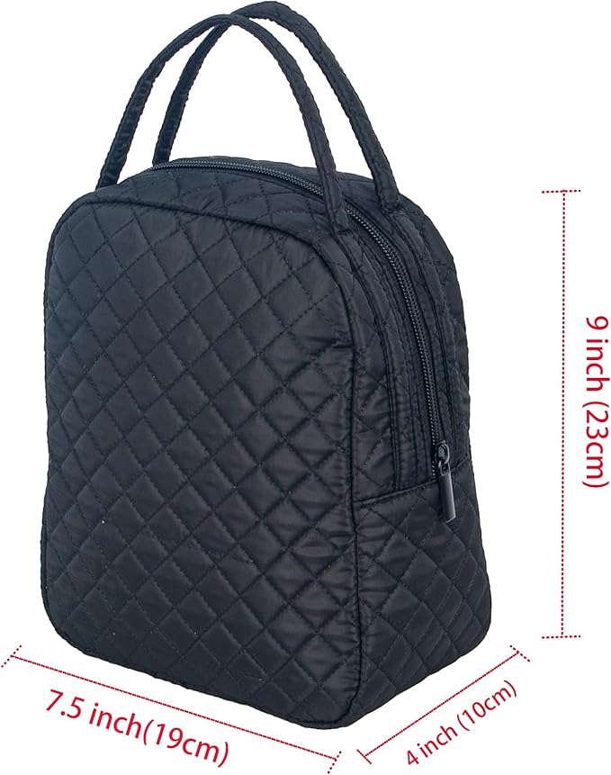 Machine Washable Women Quilted Fabric Insulated Reusable Cooler Lunch Bag Tote Adult Thermal Lunch Box Storage Bag for Work (Black)