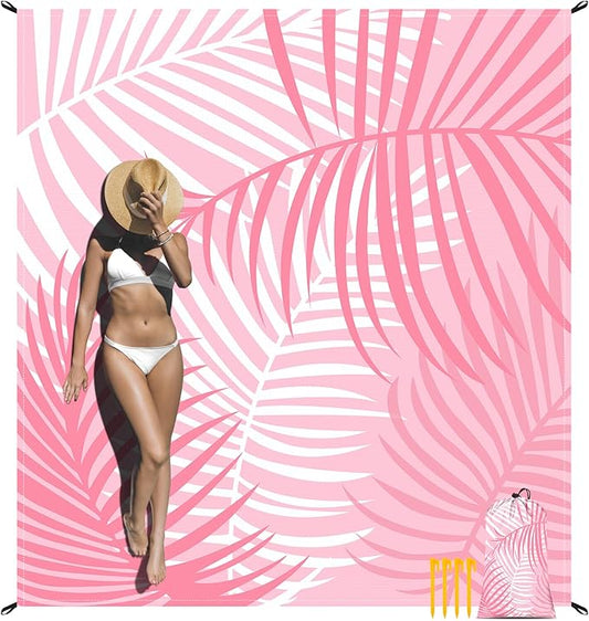 78''×86'' Pink Beach Blanket 1-4 Adults, Polyester Waterproof Sandproof Beach Mat with 4 Stakes & Pockets, Large Compact Foldable Outdoor Blanket for Picnic, Travel, Camping - Tropical Palm Leaves