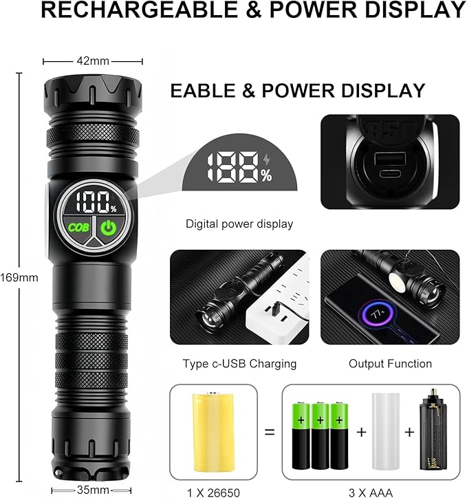Rechargeable Flashlight True 5000 Lumens Outdoor Strong Cob Light, 5000mAh Zoomable Beam LED Flash Light with Magnet Over 15 Hours Battery Time 9 Light Modes and SOS for Emergencies, Camping