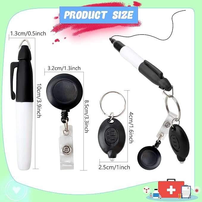 24 Pcs Mini LED Keychain Flashlights Permanent Marking Pens Badge Reel Mini LED Keychain Black Keychain Marker Pen