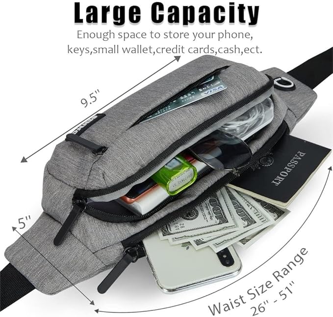 SINNO Large Crossbody Fanny Pack for Women Men Belt Bag With 4-Zipper Pockets for Travel Running Hiking Workout Dog Walking Outdoors Sport Fishing Waist Pack Bag Carrying All Phones