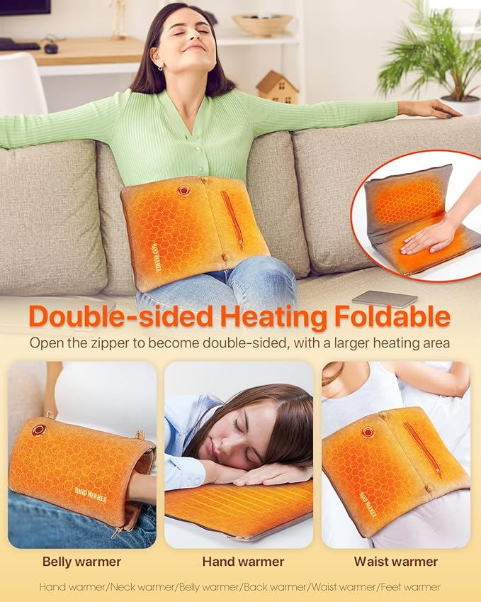 Hand Warmers Pouch Rechargeable for Hot Hands Body Warmers Pain Relief, 12000mAh Graphene Heated Gloves Battery Operated Heater with 3 Levels & Double-Sided Heating Gifts Christmas for Women Mom Dad