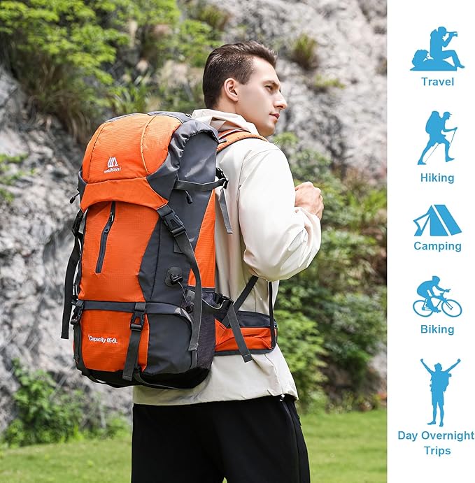 ShowyLive 70L Backpack - Waterproof Hiking Backpack for Men and Women - Lightweight Camping and Backpacking Backpack with Rain Cover and Comfort Design, Orang