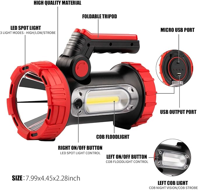 Rechargeable Spotlight, 6000Lumens LED Spotlight Flashlight 6 Modes Bright Handheld Large Flashlight with Tripod & Mobile Charger Waterproof Searchlight for Camping Outdoor Emergency as Gift