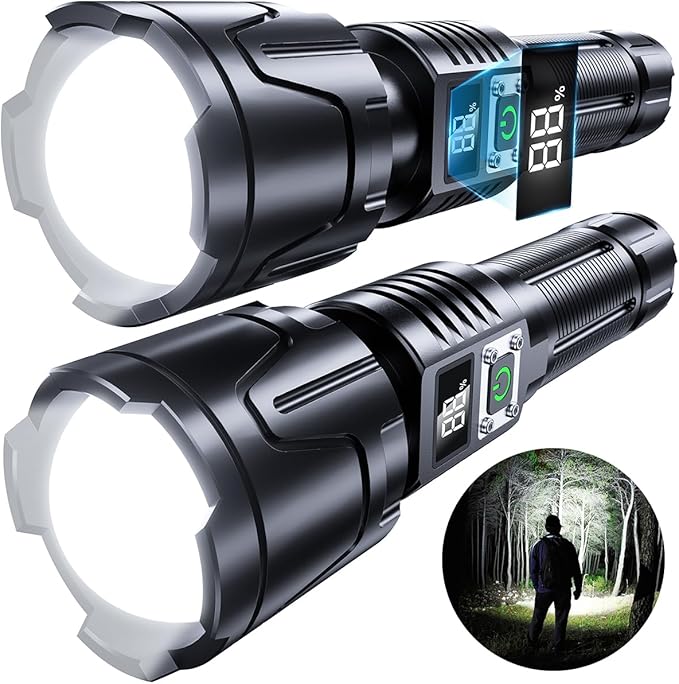 Rechargeable Flashlights High Lumens - 900000LM Super Bright Flashlight - LED Flashlight with LCD Display, Zoomable, Waterproof, Handheld Flashlights for Emergencies, Camping - 2 Pack, Medium