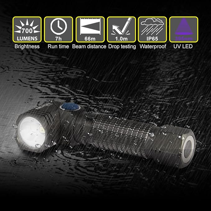 NICRON UV LED Flashlight Rechargeable 90 Degree Mini Flashlight 700 Lumen, 395nm Ultraviolet, 5 Modes and Memory Function for Camping, Outdoor, Hiking B74UV
