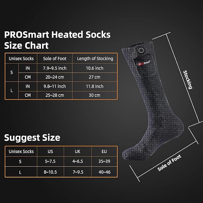 PROSmart Heated Socks Rechargeable Electric Sock - Battery Operated Thermal Warming Socks for Men & Women Suitable for Outdoor Hunting Cold Winter Skiing Camping