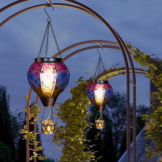 Hot Air Balloon Solar Lantern with Candle Holder,Glass Hanging Solar Lantern with Flickering Flame,Solar Lanterns Outdoor Waterproof for Lawn Patio Porch Tree Decor