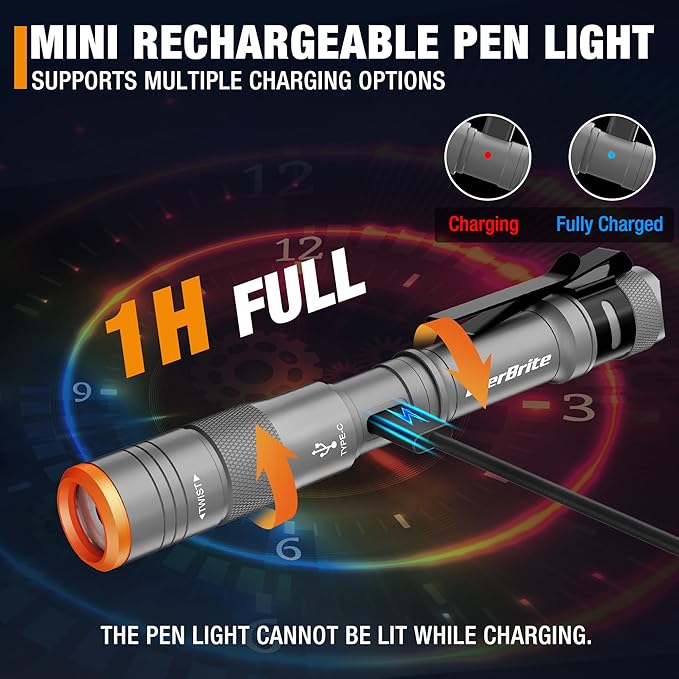 EverBrite Mini Pen Light, Rechargeable Pocket Pen Flashlight with USB C Cable, 4 Light Modes, 300 Lumens Small Flashlight with Clip for Inspection, Repair, Outdoors, Emergency, Gunmetal grey