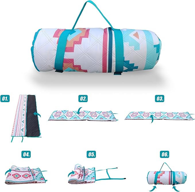 EXELNT Extra Large Outdoor Picnic Blankets Waterproof, for The Beach, Camping Travelling on The Grass, Park Blanket, Rolling Up Packaging,Portable Carring, 79" x 79" Picnic Mat - Aksu Style (Blue)