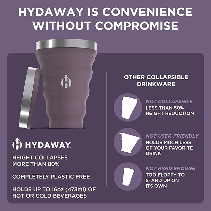 HYDAWAY Collapsible Pint - 16 oz, Silicone & Steel Rim I Collapsible Cup for Beer, Water & Soda, Portable Drinking Cup for Party, Camping, Backpacking & Hiking, Folding Travel Cups Collapse to 1-inch