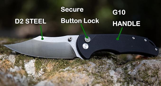 FD04 Folding Pocket Knife, D2 Steel Blade G10 Handle and Button Lock EDC Pocket Cool Knife for Men and Women, Camping Hunting Hiking Fishing Knives Tools (Black Clip)