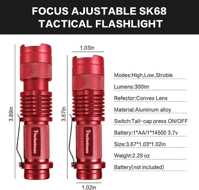 5 Pack LED Mini Flashlights 7W 300LM SK-68 3 Modes Q5 LED Tactical Flashlight for Camping Hiking Emergency (Red)