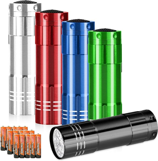 5 Pack of Flashlights 9 LED Mini Aluminum Flashlight Bulk with Lanyard 15 AAA Batteries Included Assorted Colors Handheld Flashlights for Hurricane Supplies Camping, Night Reading, Cycling
