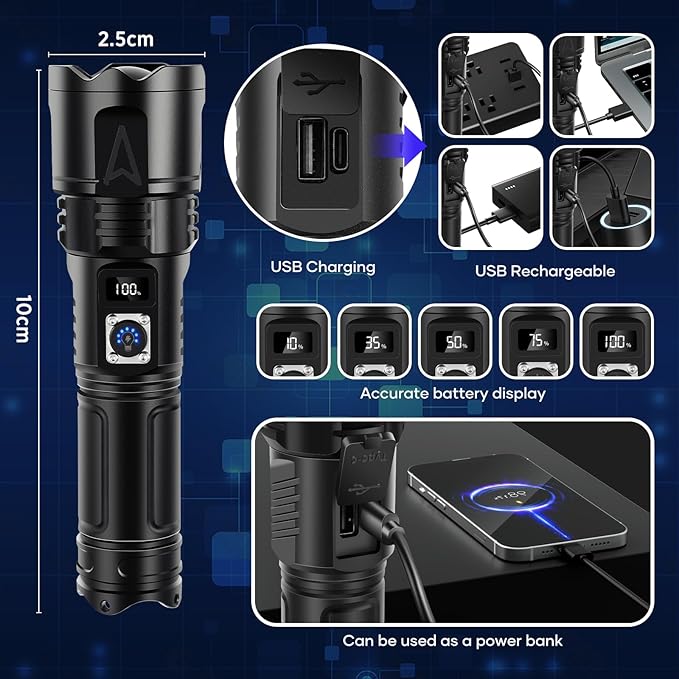 Rechargeable LED Flashlights, High Lumens Flash Lights, Tactical Zoomable Flashlight with Battery Included & 5 Modes, Super Bright Waterproof Flashlight for Emergencies, Camping, Hiking