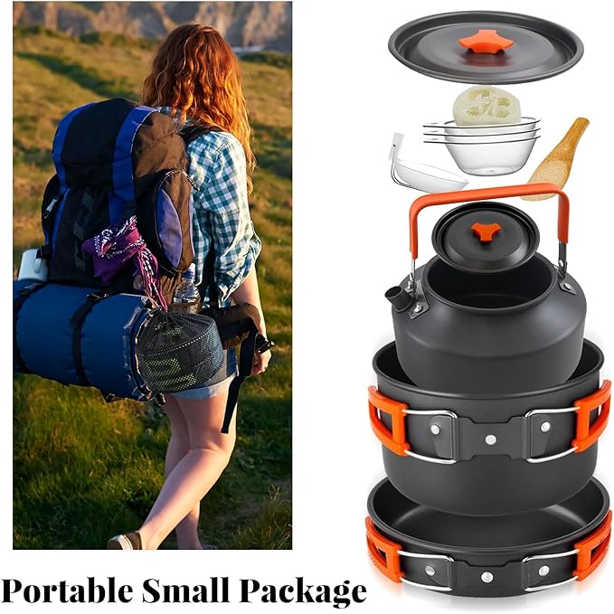 Camping Essentials Cookware Cooking Set, Camping Pots and Pans Set for Backpacking Gear, Car Camping Mess Kit for Camping Stove, Camp Kitchen with Camping Kettle, Pour Over Coffee Dripper