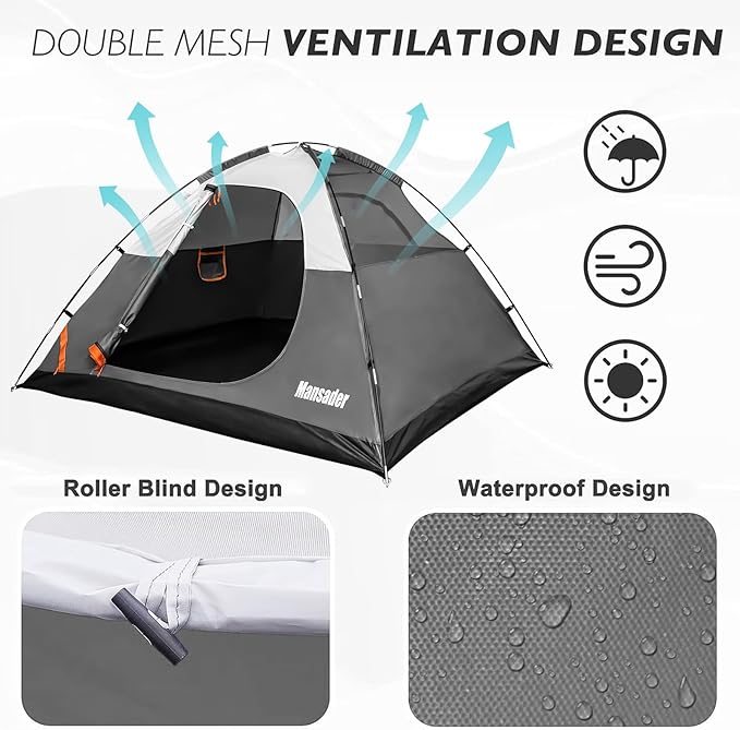 Camping Tent, Waterproof 2/3/4 Person Tents for Camping, Lightweight Easy Set Up Outdoor Hiking Tent Backpacking Tent with Carry Bag, Backpack Tent Suit for Family Beach Hiking Travel