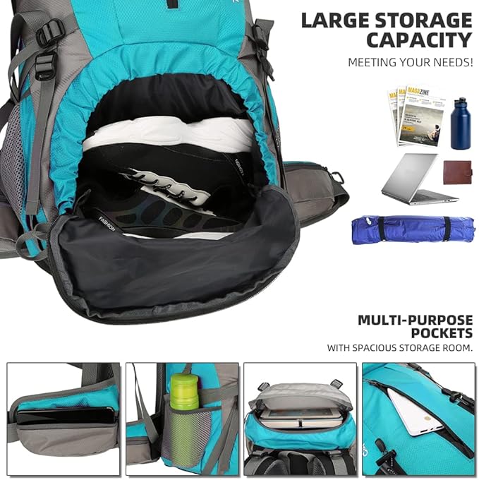 King'sGuard 70L Hiking Backpack Large Lightweight Waterproof Camping Backpack Travel Backpacking Backpack Daypack with Rain Cover -Frameless (Lake Blue)