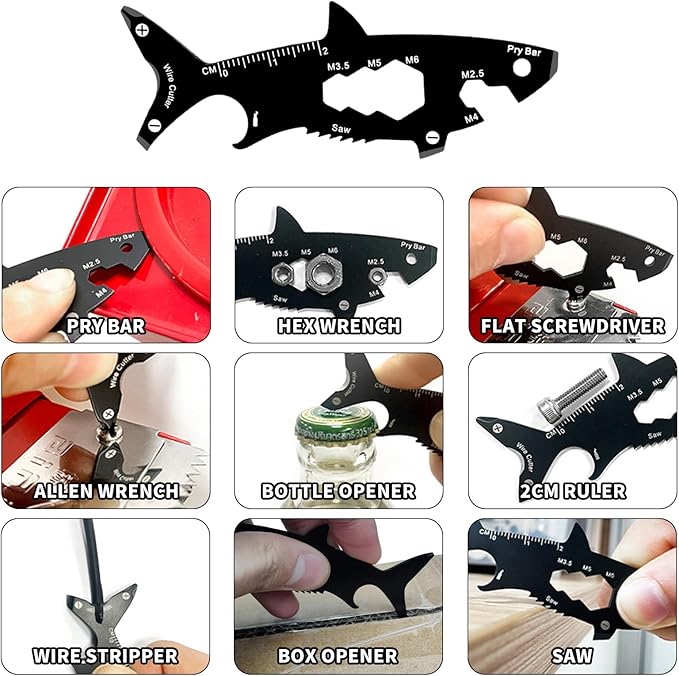 15-in-1 V15 Shark Shape Multitool, EDC Carabiner Camping Gadgets, Key Opener, Keychain Tool No Knife for Kids, Unique Gifts for Everyone Who Wants Nothing. (shark)