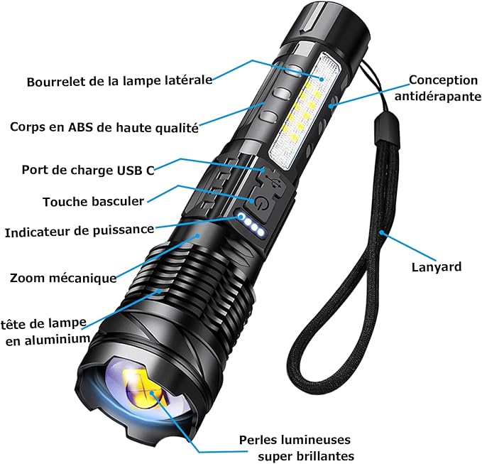 A76 Rechargeable Flashlights 20000 High Lumens - Brightest LED Flash Light 7 Modes with COB Side Light,High Powered Handheld Flashlight for Emergency Camping