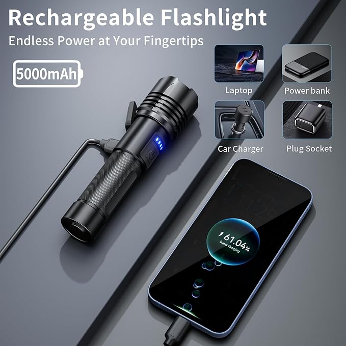 Flashlight High lumens Rechargeable 2 Pack, 900000 Lumens Super Bright Flashlight, IPX7 Waterproof, Tactical Flashlights High lumens, Powerful Flashlights for Camping Home Emergencies