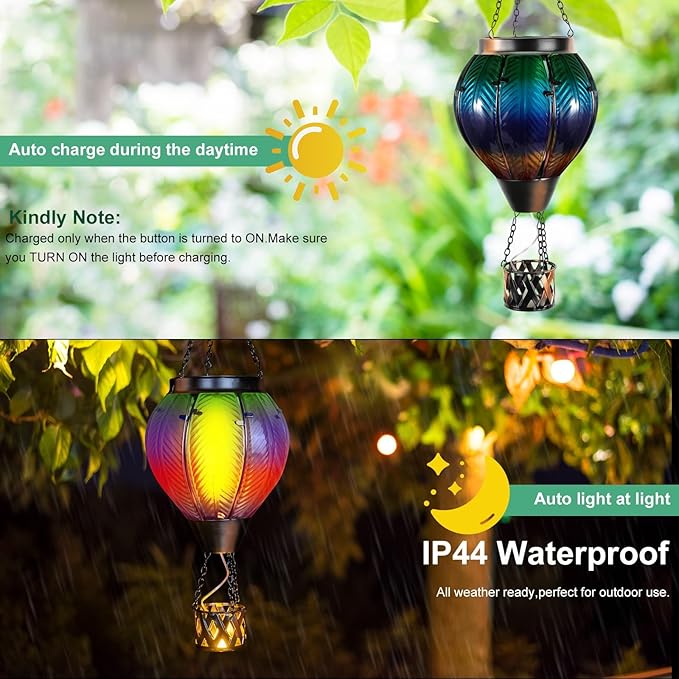 Solar Hot Air Balloon with Candle Holder - Waterproof Solar Lantern with Flickering Flame Metal & Glass Waterproof Lanterns for Garden Patio Pathway Yard Porch Decor Multi-Color