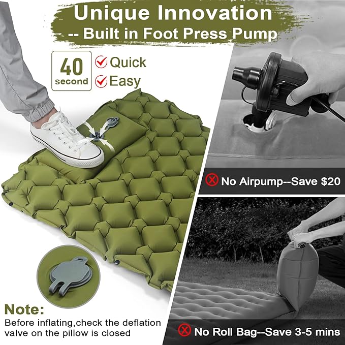 Sleeping Pad for Camping, 79" x 27" Comfort Inflatable Camping Mattress with Pillow, Lightweight Sleeping Mat for Outdoor, Backpacking, Hiking